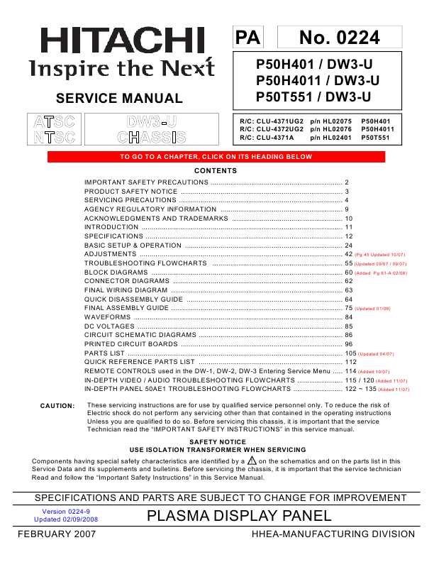 Сервисная инструкция Hitachi P50H401, P50H4011, P50T501, DW3-U