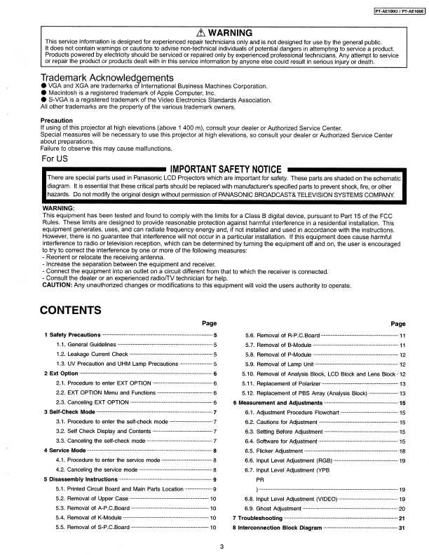 Сервисная инструкция Panasonic PT-AE100E U