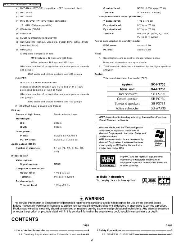 Сервисная инструкция Panasonic SA-HT730P, SA-HT730PC, SA-HT730PX