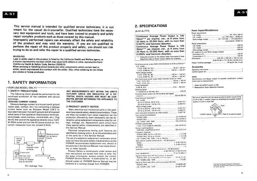 Сервисная инструкция Pioneer A-51, A-777, A-878