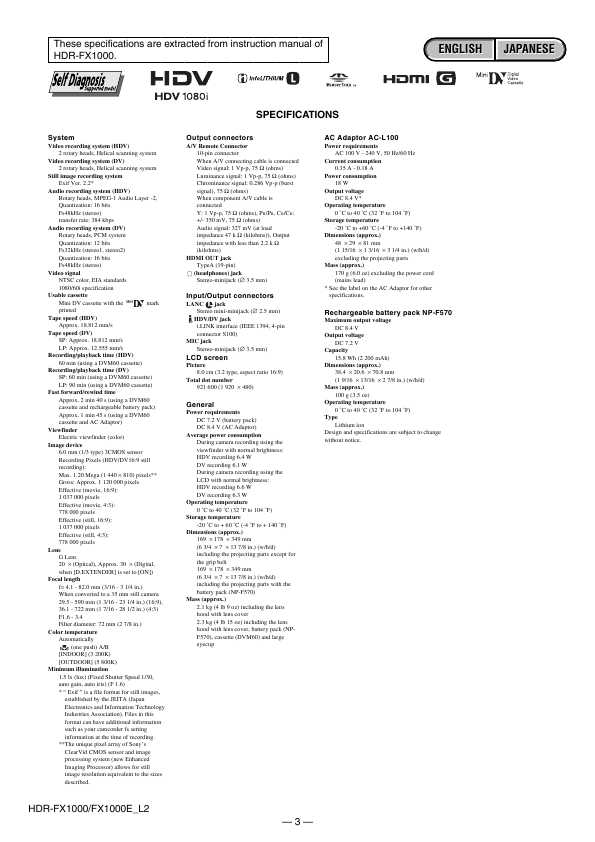 Сервисная инструкция Sony HDR-FX1000, HDR-FX1000E, Level 2