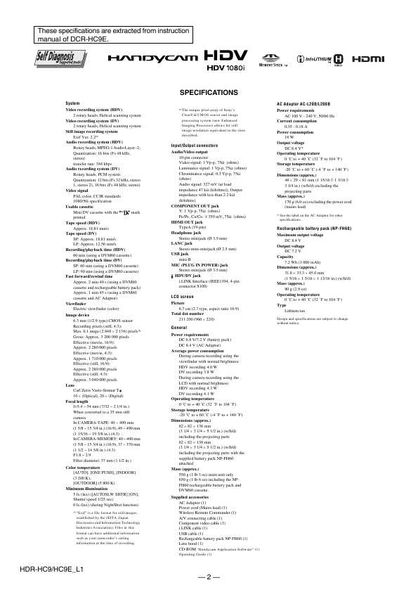 Сервисная инструкция Sony HDR-HC9, HDR-HC9E LVL.1