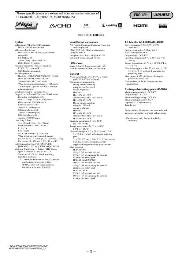 Сервисная инструкция Sony HDR-XR500E, HDR-XR520E, level 2