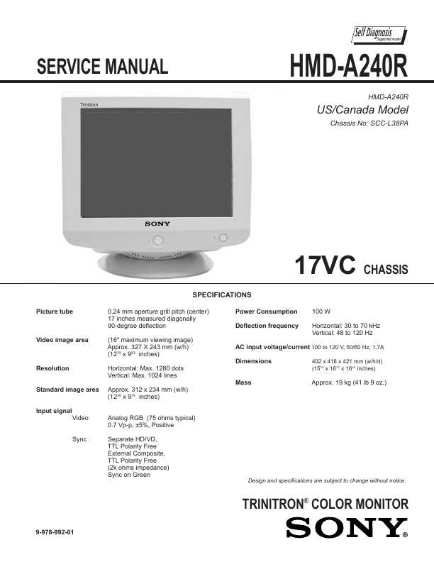 Сервисная инструкция Sony HMD-A240R (17VC chassis)