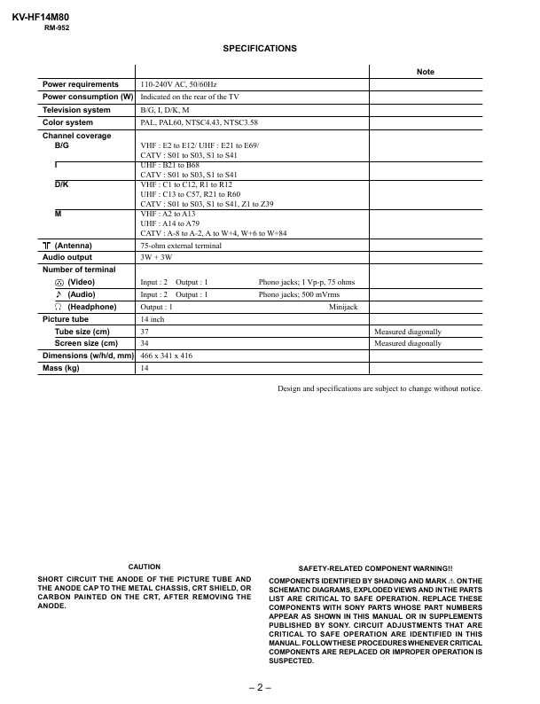 Сервисная инструкция Sony KV-HF14M80