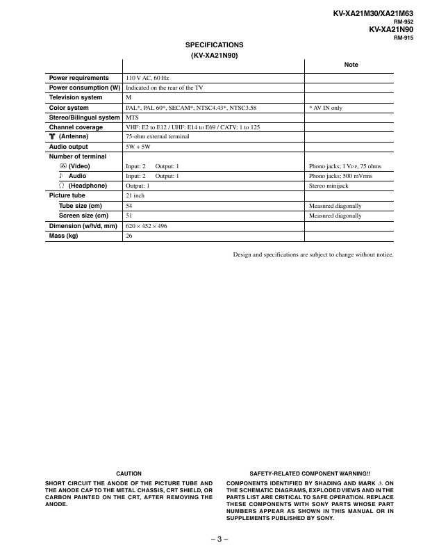 Сервисная инструкция Sony KV-XA21M30, KV-XA21N90, BG-3R