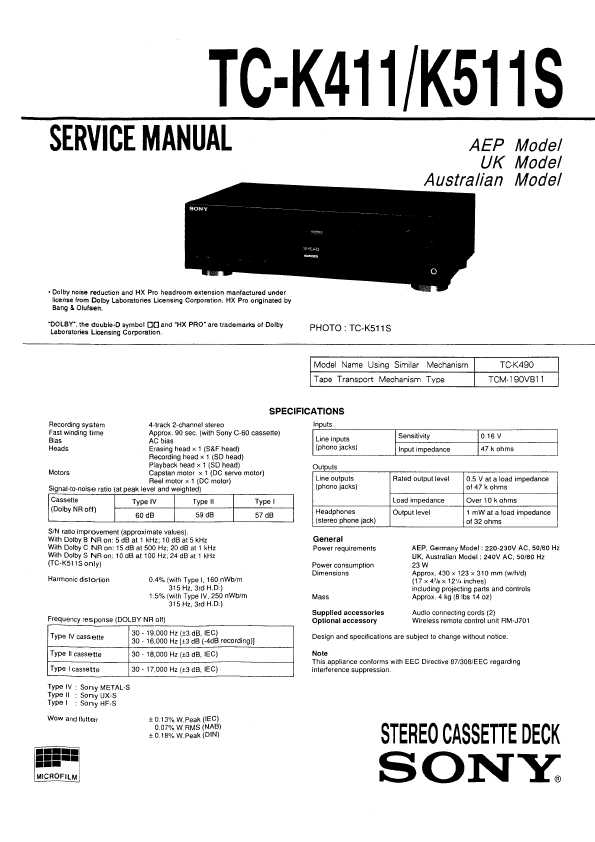 Сервисная инструкция Sony TC-K415, TC-K515S