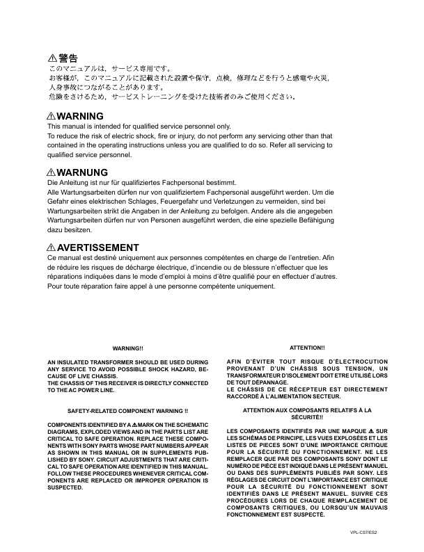 Сервисная инструкция Sony VPL-CS7, VPL-ES2