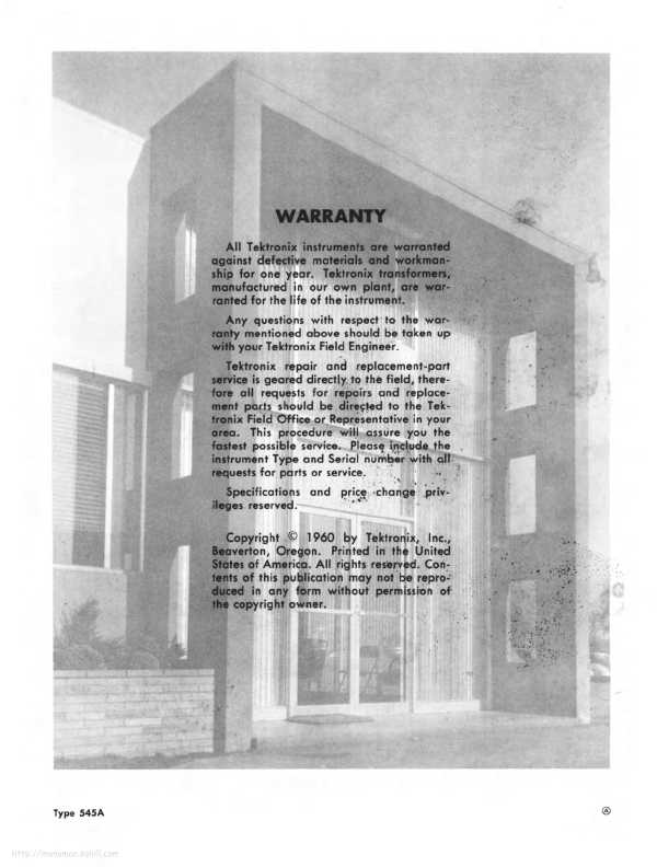 Сервисная инструкция Tektronix 545A Oscilloscope