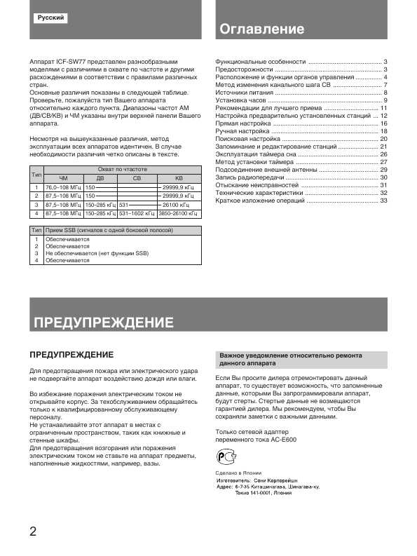 Инструкция Sony ICF-SW77